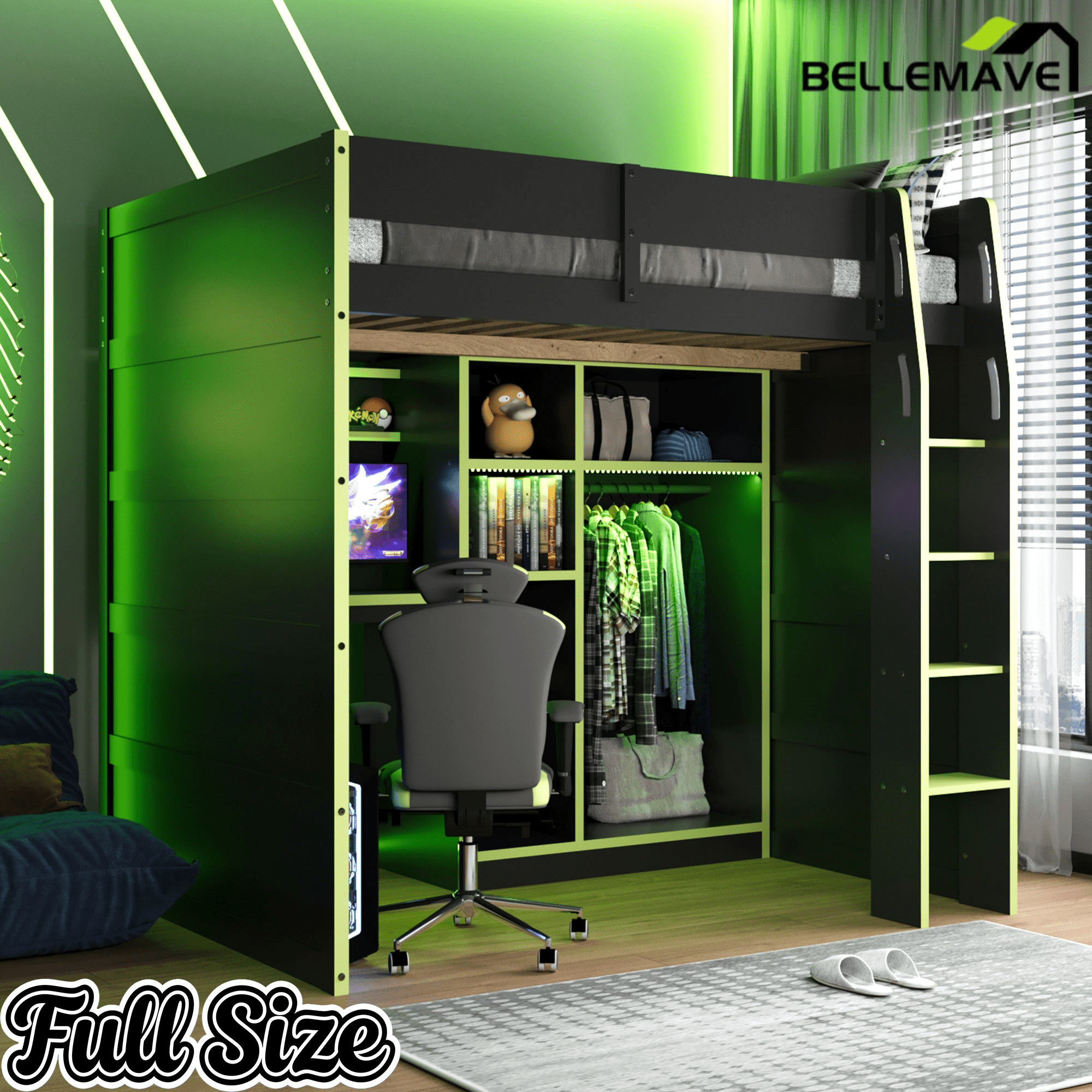Bellemave® Full Size Wood Loft Bed with Desk, Open Wardrobe, Storage Compartments and RGB Lights - Bellemave