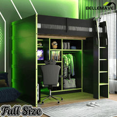 Bellemave® Full Size Wood Loft Bed with Desk, Open Wardrobe, Storage Compartments and RGB Lights - Bellemave