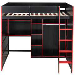 Bellemave® Full Size Wood Loft Bed with Desk, Open Wardrobe, Storage Compartments and RGB Lights - Bellemave