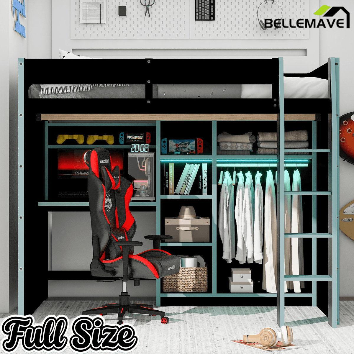 Bellemave® Full Size Wood Loft Bed with Desk, Open Wardrobe, Storage Compartments and RGB Lights - Bellemave