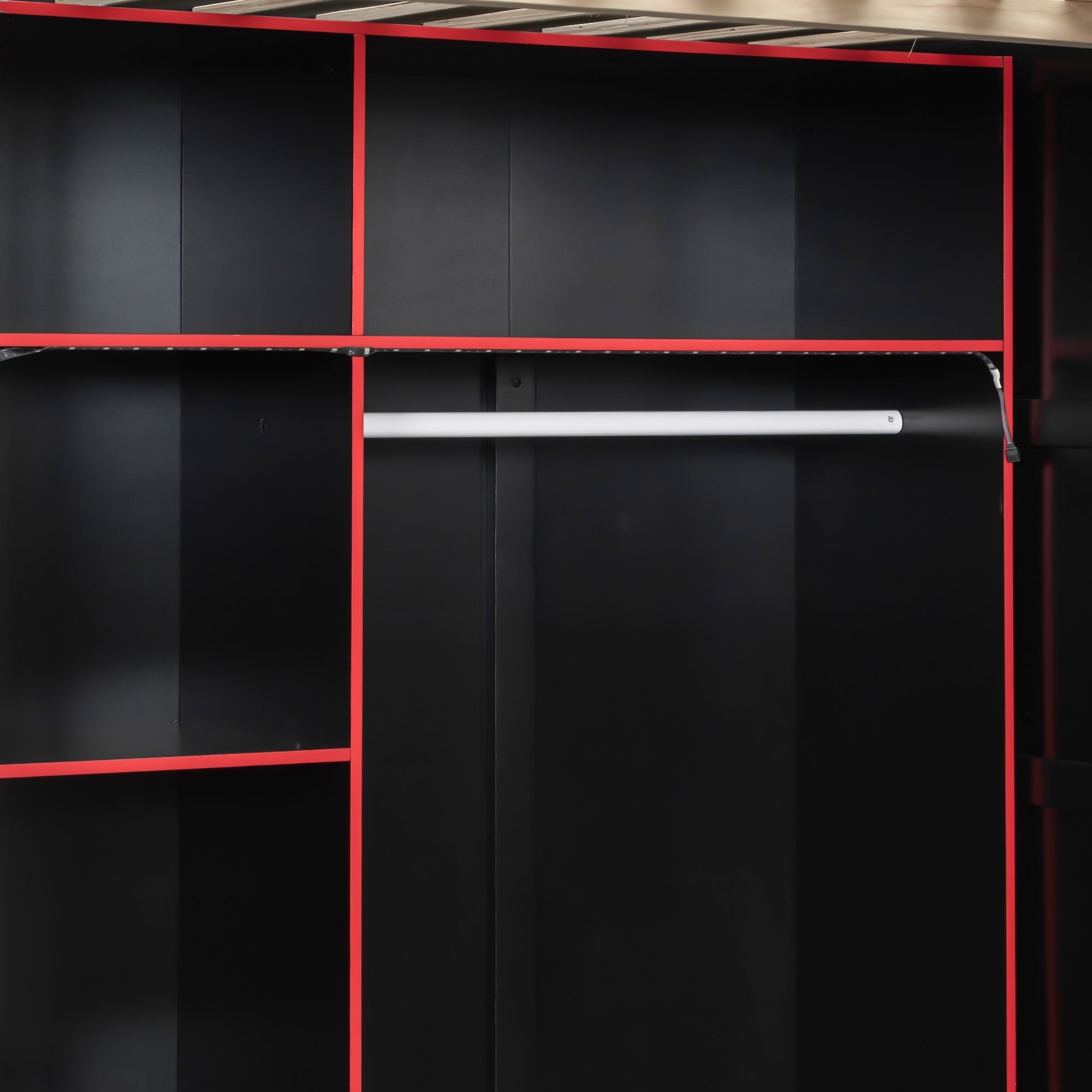 Bellemave® Full Size Wood Loft Bed with Desk, Open Wardrobe, Storage Compartments and RGB Lights - Bellemave