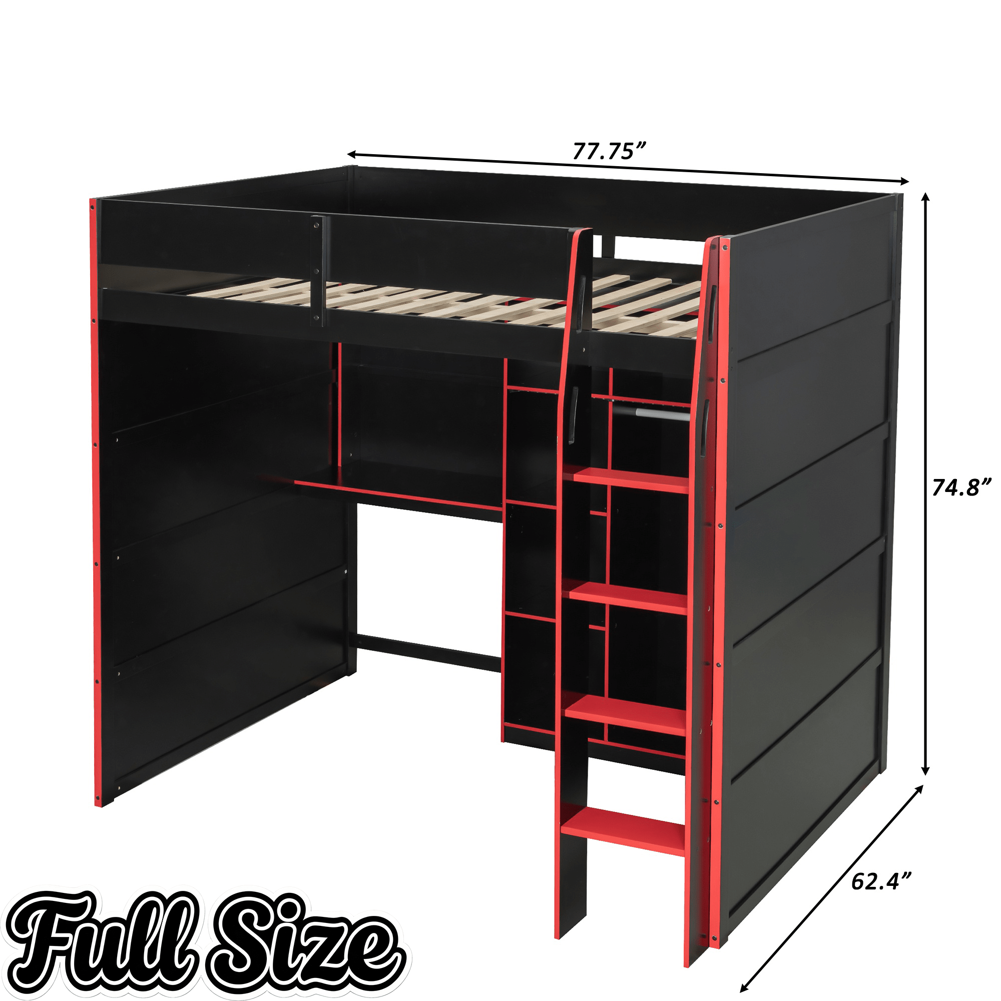Bellemave® Full Size Wood Loft Bed with Desk, Open Wardrobe, Storage Compartments and RGB Lights - Bellemave