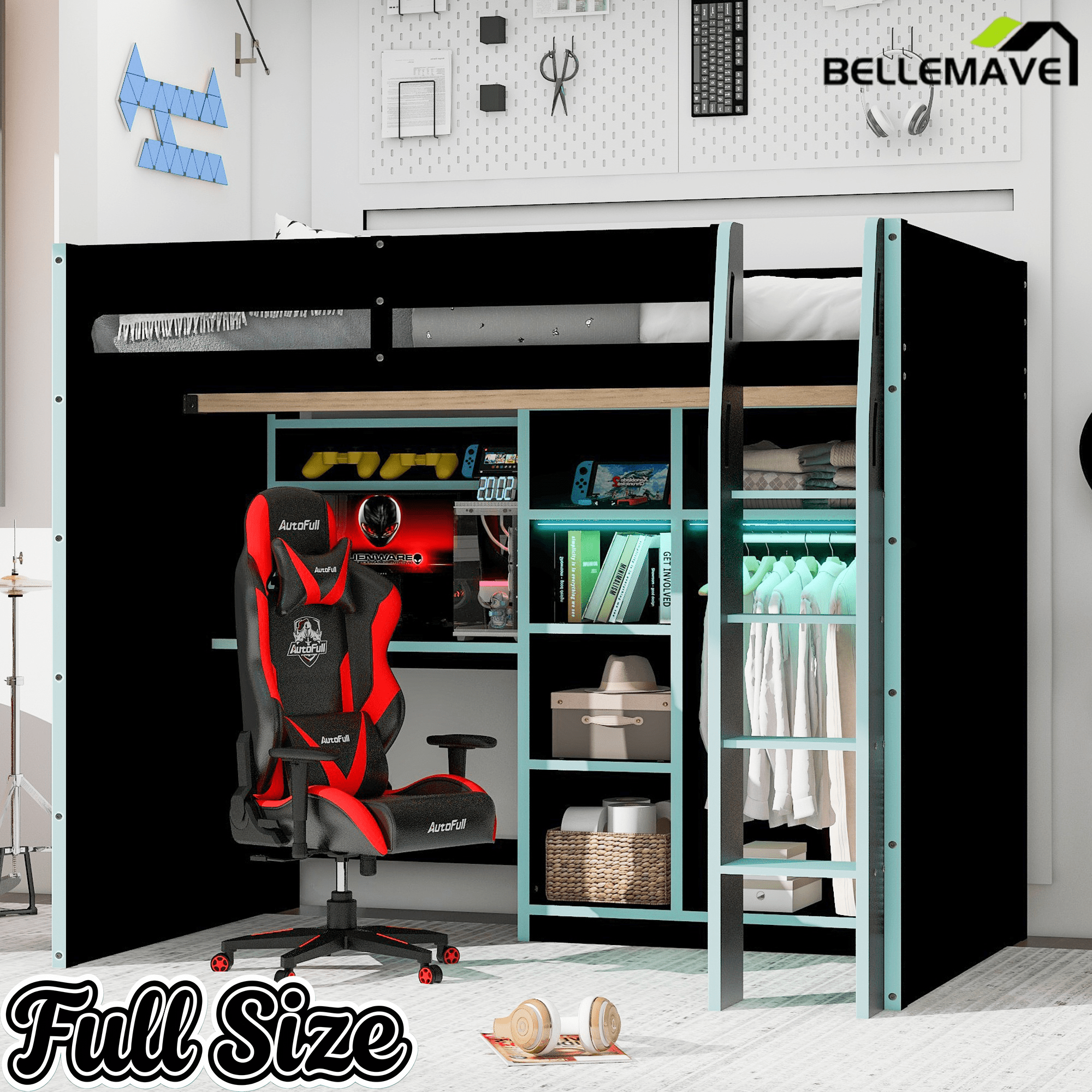 Bellemave® Full Size Wood Loft Bed with Desk, Open Wardrobe, Storage Compartments and RGB Lights - Bellemave