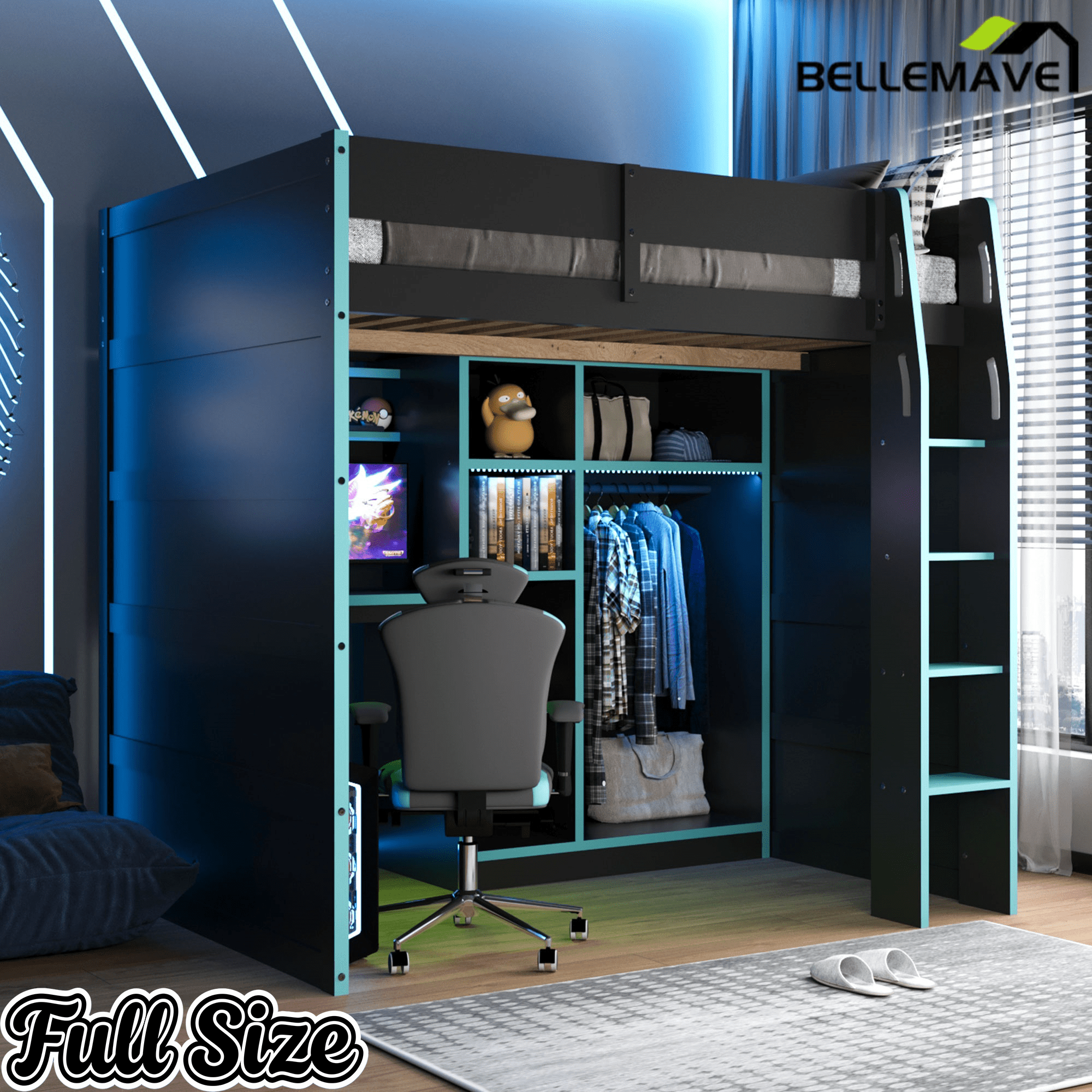 Bellemave® Full Size Wood Loft Bed with Desk, Open Wardrobe, Storage Compartments and RGB Lights - Bellemave