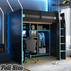 Bellemave® Full Size Wood Loft Bed with Desk, Open Wardrobe, Storage Compartments and RGB Lights - Bellemave