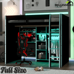 Bellemave® Full Size Wood Loft Bed with Desk, Open Wardrobe, Storage Compartments and RGB Lights - Bellemave