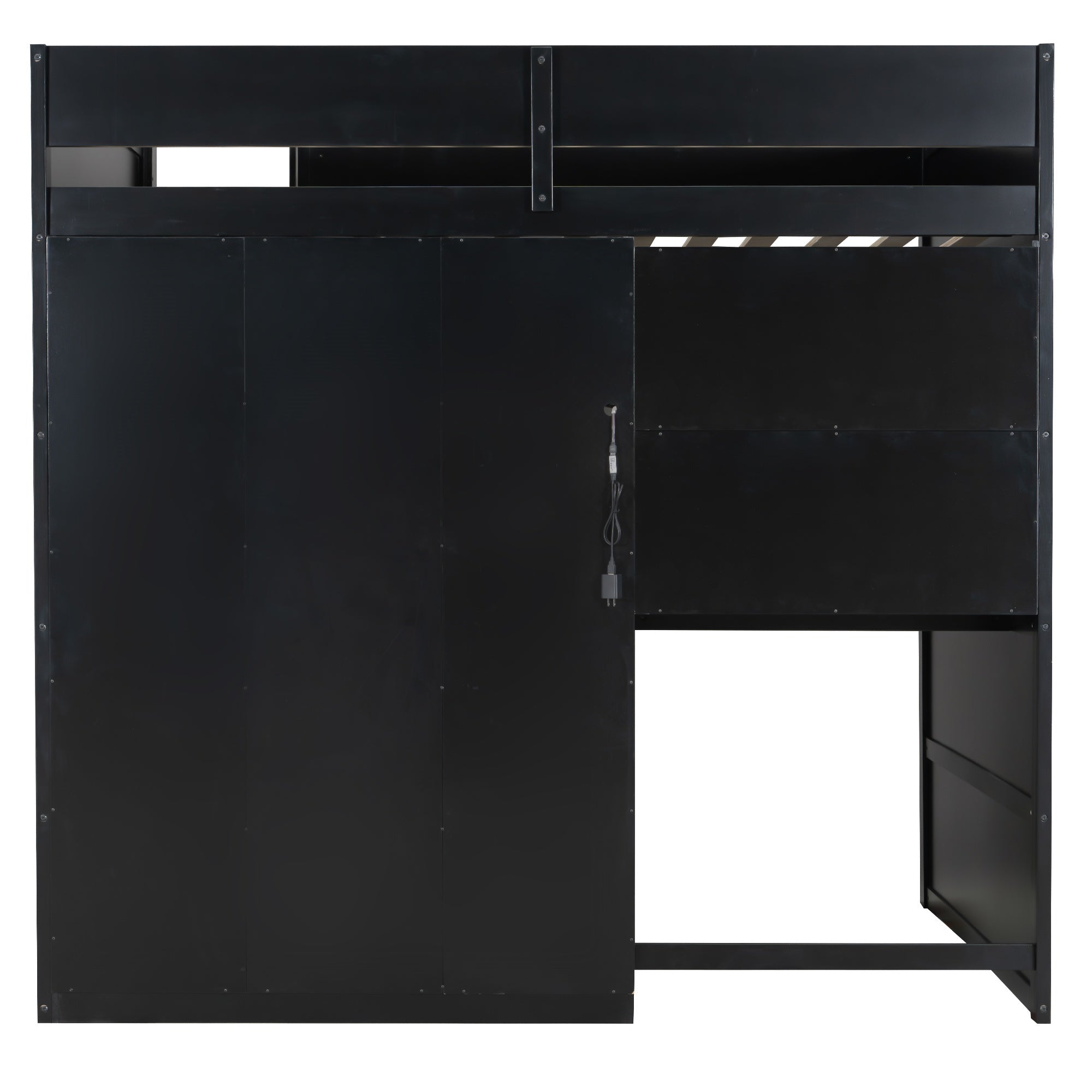 Bellemave® Full Size Wood Loft Bed with Desk, Open Wardrobe, Storage Compartments and RGB Lights - Bellemave