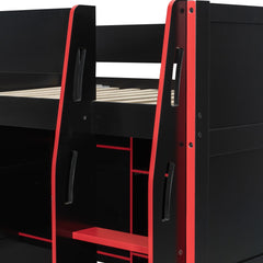 Bellemave® Full Size Wood Loft Bed with Desk, Open Wardrobe, Storage Compartments and RGB Lights - Bellemave
