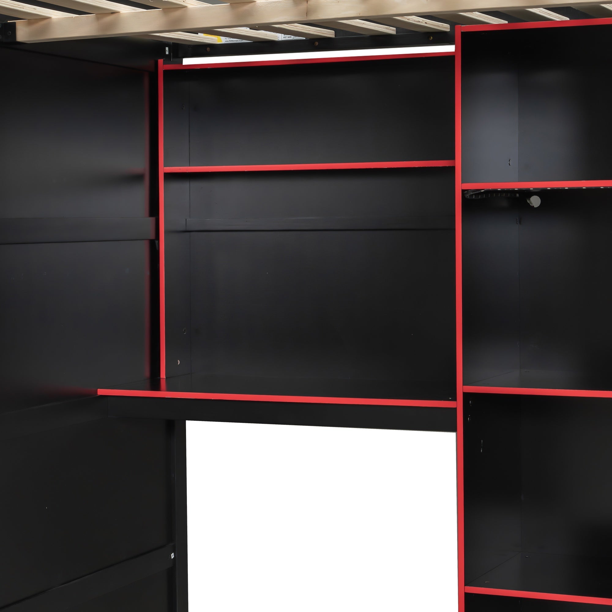 Bellemave® Full Size Wood Loft Bed with Desk, Open Wardrobe, Storage Compartments and RGB Lights - Bellemave