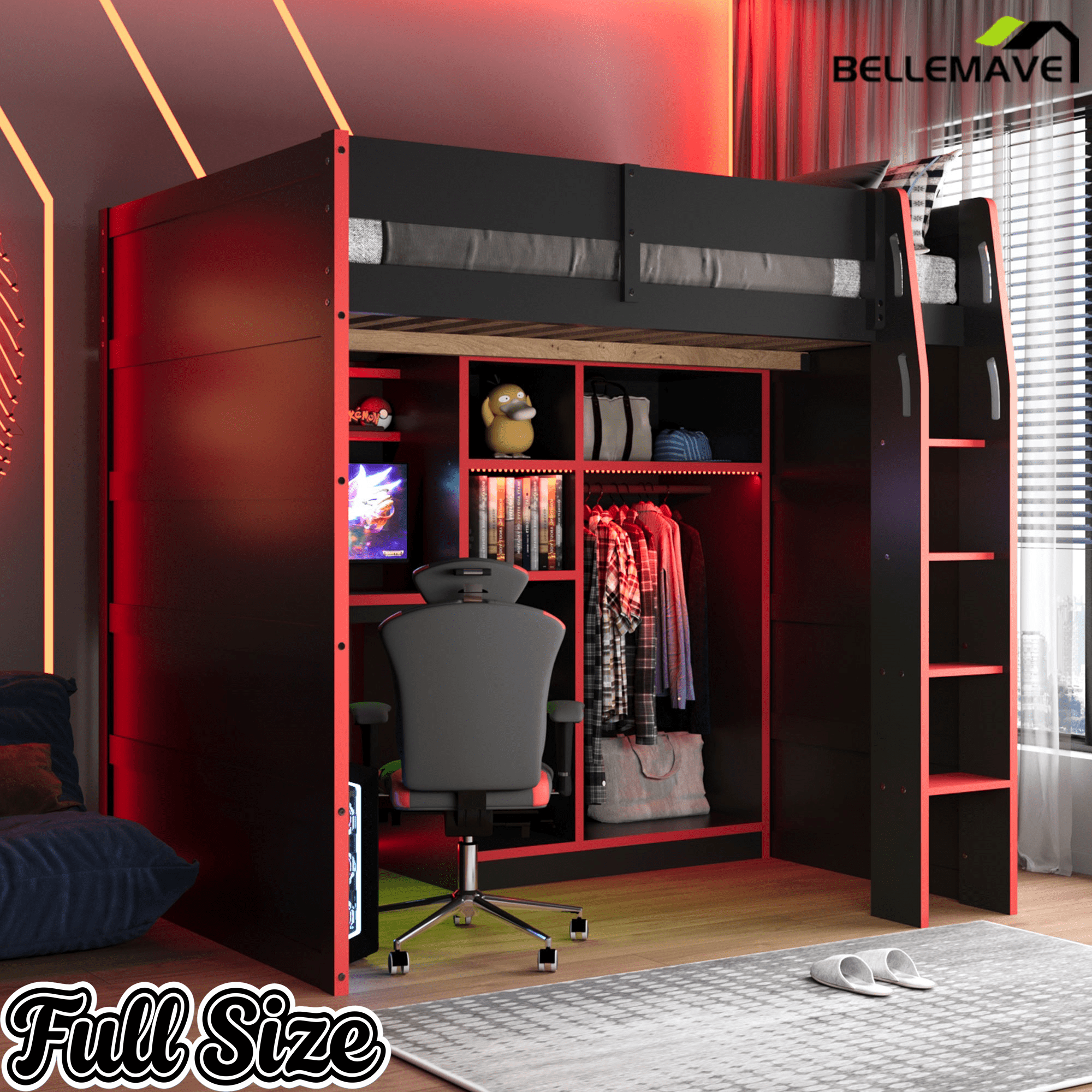 Bellemave® Full Size Wood Loft Bed with Desk, Open Wardrobe, Storage Compartments and RGB Lights - Bellemave