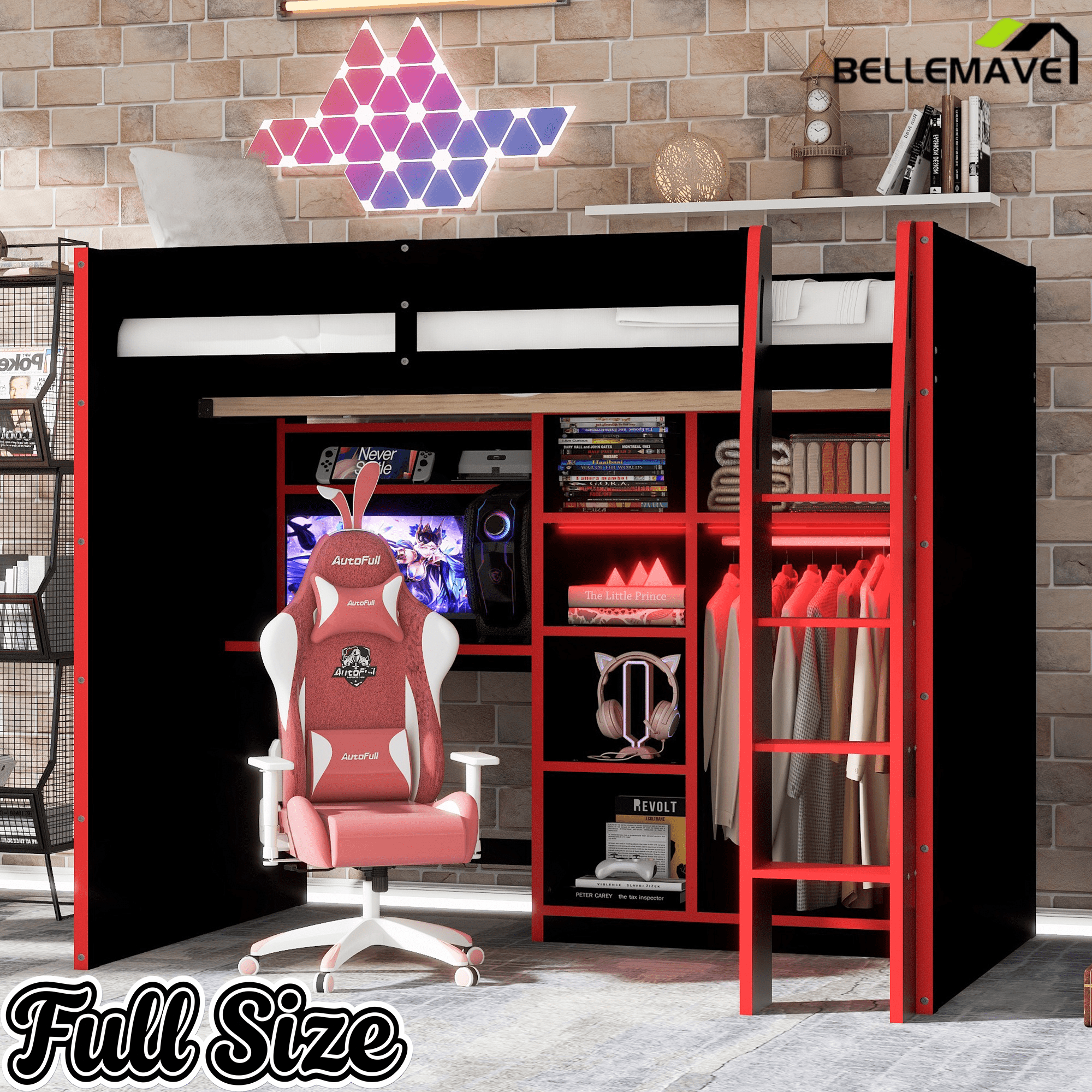Bellemave® Full Size Wood Loft Bed with Desk, Open Wardrobe, Storage Compartments and RGB Lights - Bellemave