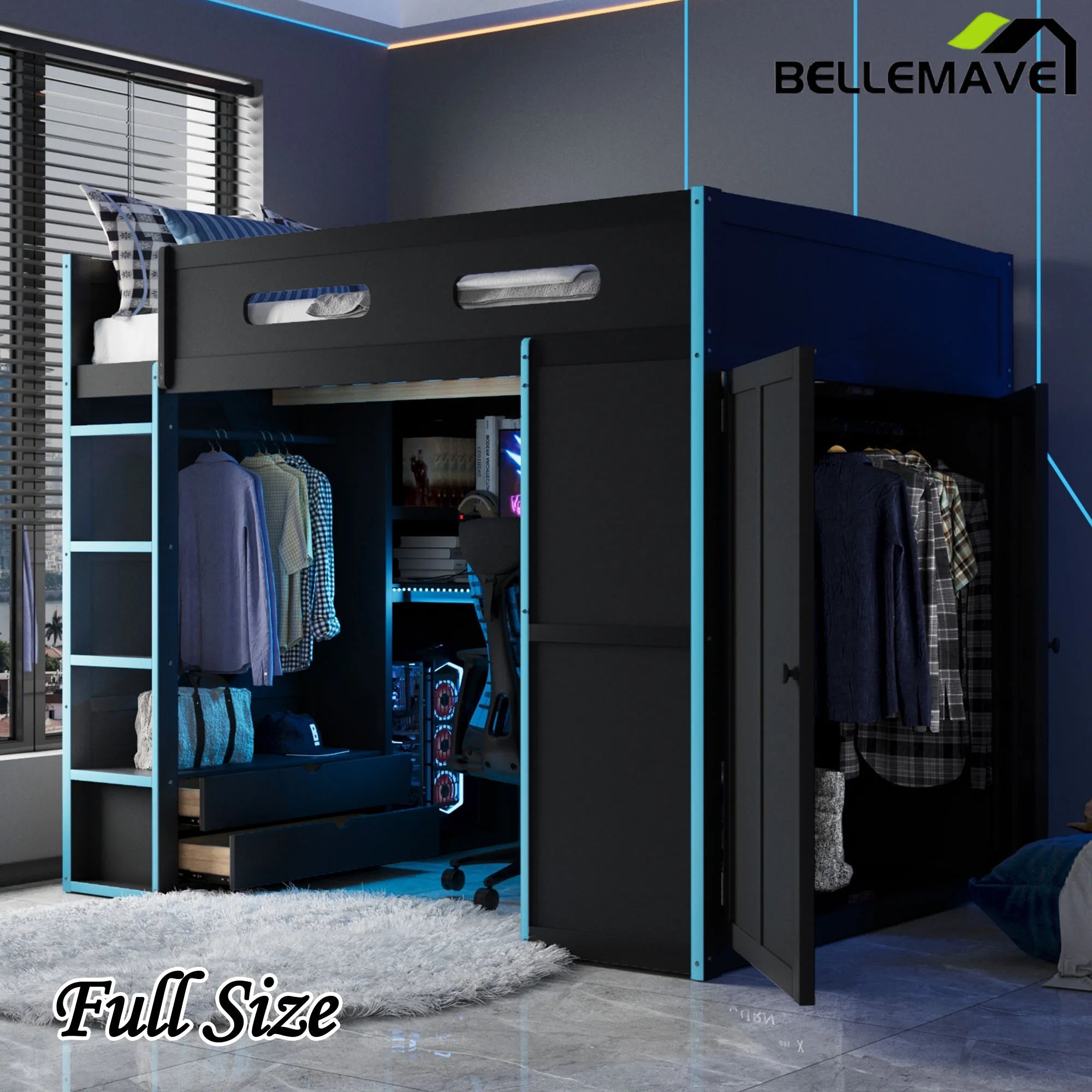 Bellemave® Full Size Wood Loft Bed with Desk,Bookshelf,Wardrobe,Ample Storage Space,and RGB LED Light - Bellemave
