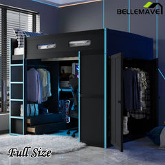 Bellemave® Full Size Wood Loft Bed with Desk,Bookshelf,Wardrobe,Ample Storage Space,and RGB LED Light - Bellemave
