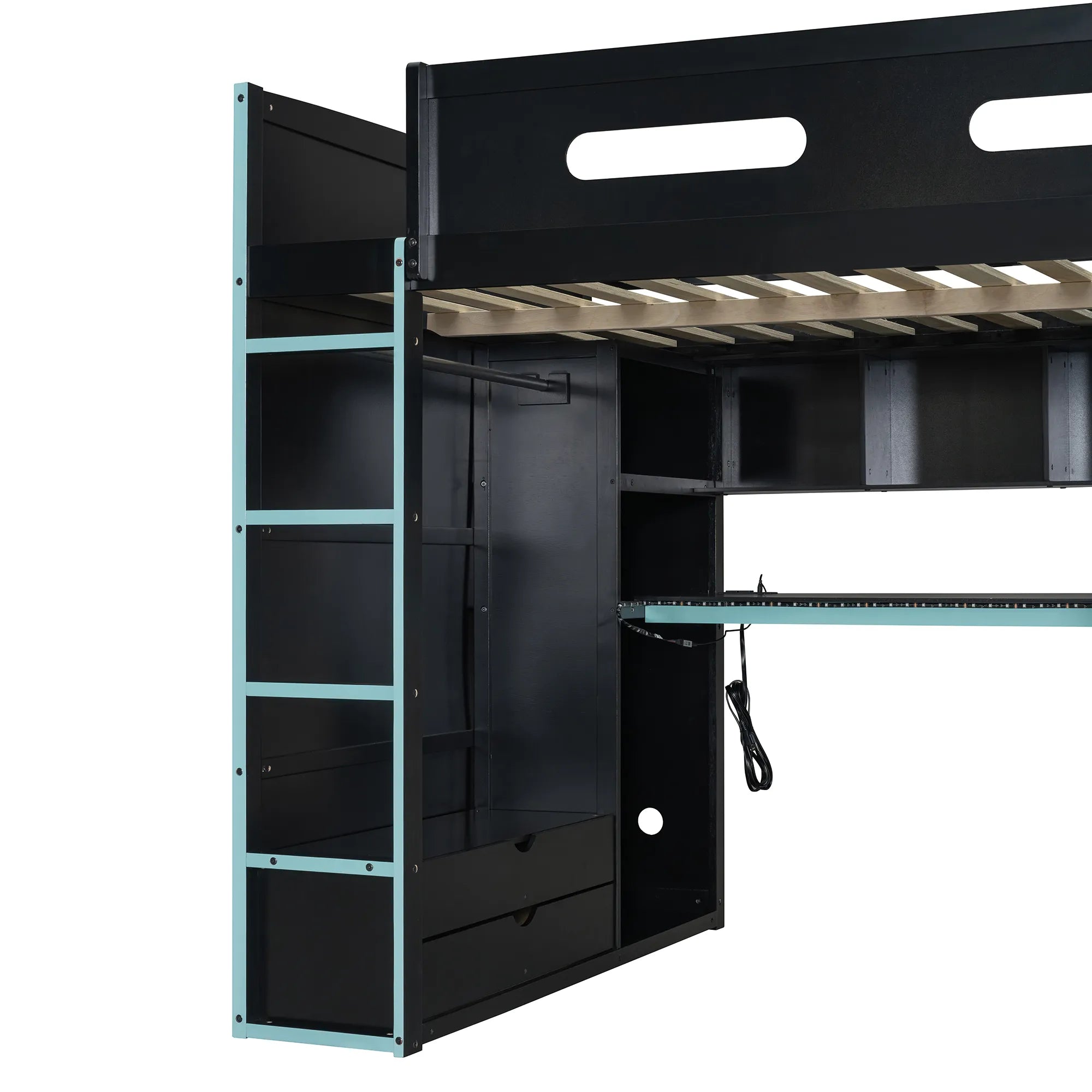 Bellemave® Full Size Wood Loft Bed with Desk,Bookshelf,Wardrobe,Ample Storage Space,and RGB LED Light - Bellemave