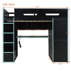 Bellemave® Full Size Wood Loft Bed with Desk,Bookshelf,Wardrobe,Ample Storage Space,and RGB LED Light - Bellemave