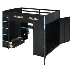 Bellemave® Full Size Wood Loft Bed with Desk,Bookshelf,Wardrobe,Ample Storage Space,and RGB LED Light - Bellemave