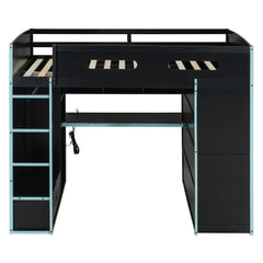 Bellemave® Full Size Wood Loft Bed with Desk,Bookshelf,Wardrobe,Ample Storage Space,and RGB LED Light - Bellemave