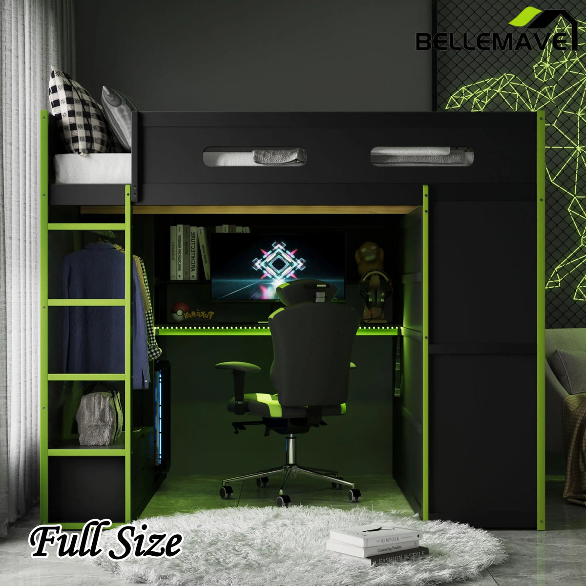 Bellemave® Full Size Wood Loft Bed with Desk,Bookshelf,Wardrobe,Ample Storage Space,and RGB LED Light - Bellemave