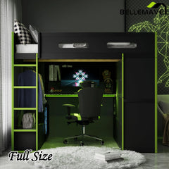 Bellemave® Full Size Wood Loft Bed with Desk,Bookshelf,Wardrobe,Ample Storage Space,and RGB LED Light - Bellemave