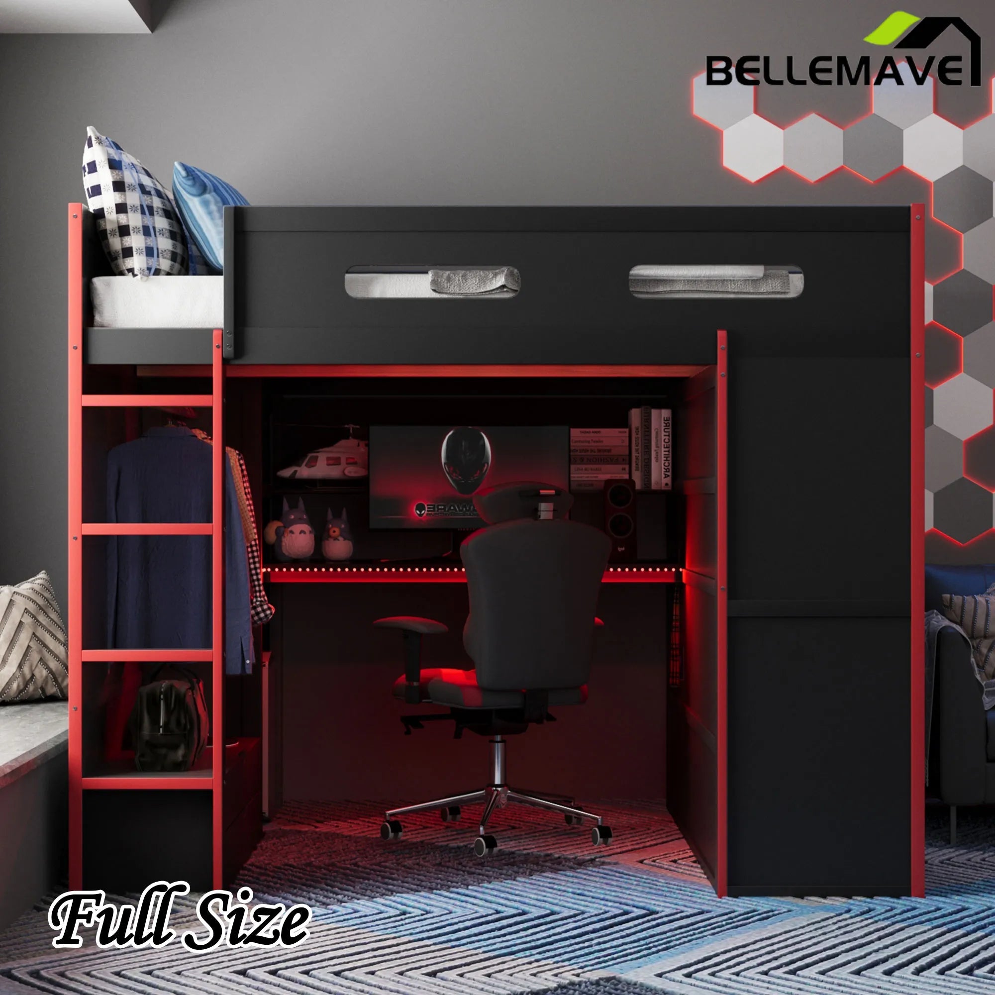 Bellemave® Full Size Wood Loft Bed with Desk,Bookshelf,Wardrobe,Ample Storage Space,and RGB LED Light - Bellemave