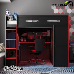 Bellemave® Full Size Wood Loft Bed with Desk,Bookshelf,Wardrobe,Ample Storage Space,and RGB LED Light - Bellemave