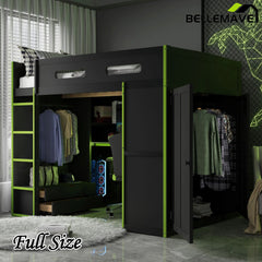 Bellemave® Full Size Wood Loft Bed with Desk,Bookshelf,Wardrobe,Ample Storage Space,and RGB LED Light - Bellemave