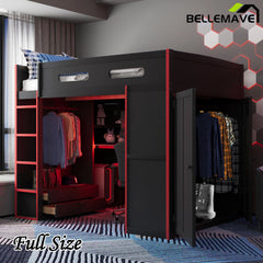 Bellemave® Full Size Wood Loft Bed with Desk,Bookshelf,Wardrobe,Ample Storage Space,and RGB LED Light - Bellemave