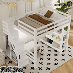 Bellemave® Full Size Wood Loft Bed with Stairs & LED Lights,Storage Shelves, Wardrobe & Guardrails for Kids, White - Bellemave