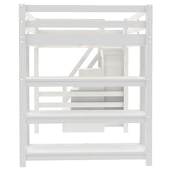 Bellemave® Full Size Wood Loft Bed with Stairs & LED Lights,Storage Shelves, Wardrobe & Guardrails for Kids, White - Bellemave