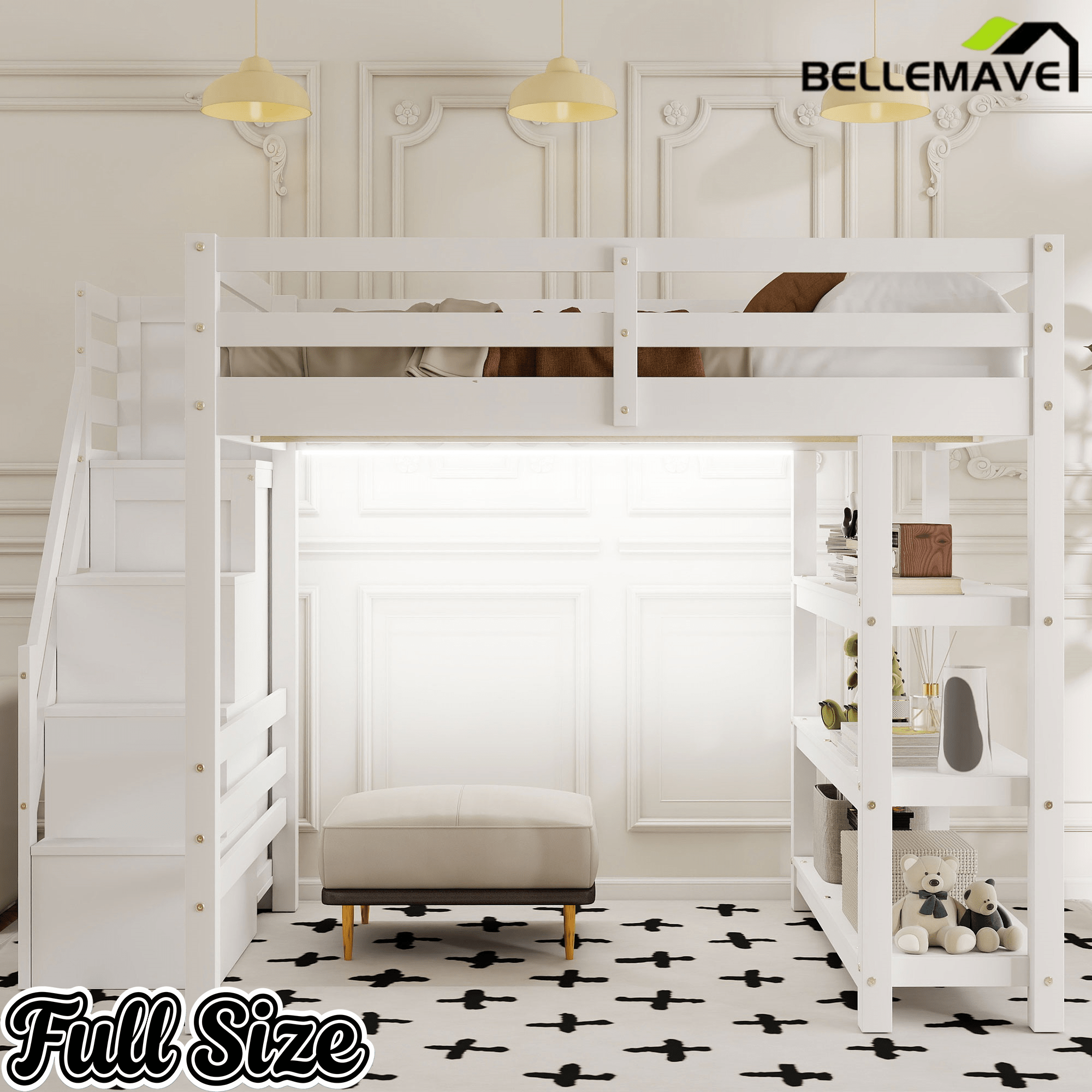 Bellemave® Full Size Wood Loft Bed with Stairs & LED Lights,Storage Shelves, Wardrobe & Guardrails for Kids, White - Bellemave