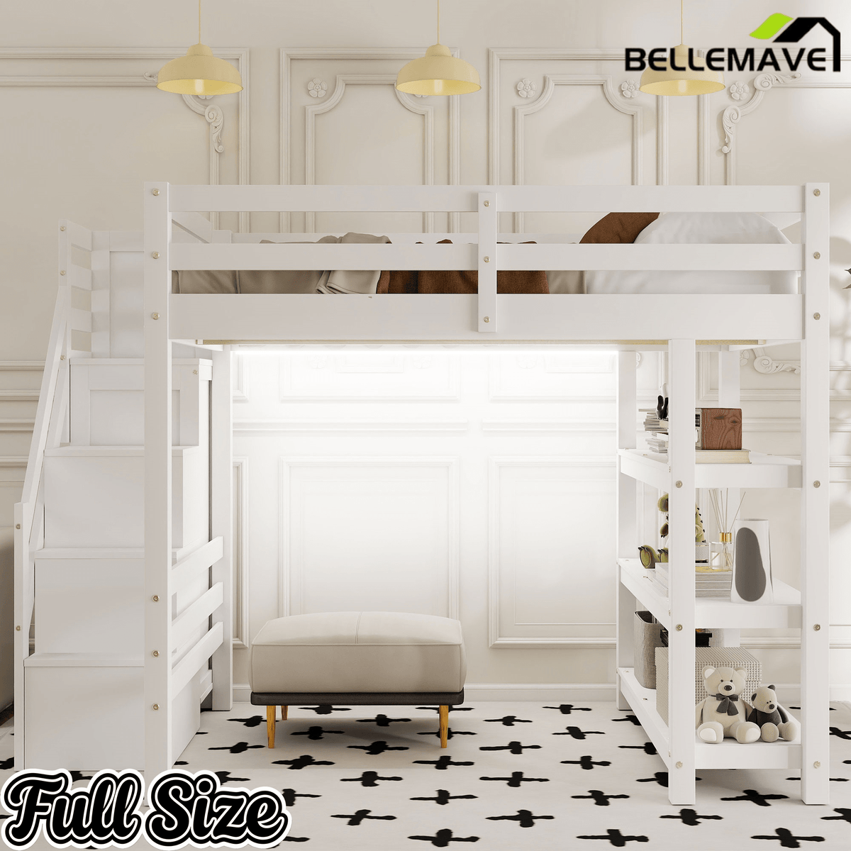 Bellemave® Full Size Wood Loft Bed with Stairs & LED Lights,Storage Shelves, Wardrobe & Guardrails for Kids, White - Bellemave