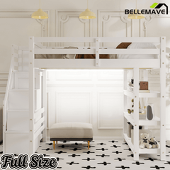 Bellemave® Full Size Wood Loft Bed with Stairs & LED Lights,Storage Shelves, Wardrobe & Guardrails for Kids, White - Bellemave