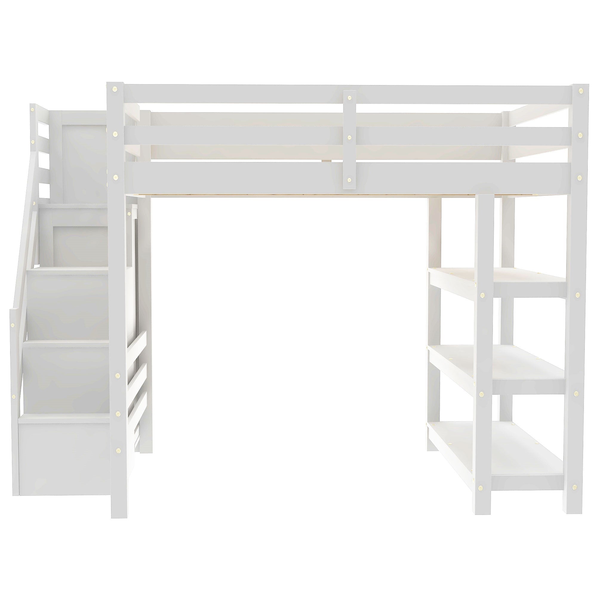 Bellemave® Full Size Wood Loft Bed with Stairs & LED Lights,Storage Shelves, Wardrobe & Guardrails for Kids, White - Bellemave