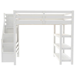 Bellemave® Full Size Wood Loft Bed with Stairs & LED Lights,Storage Shelves, Wardrobe & Guardrails for Kids, White - Bellemave