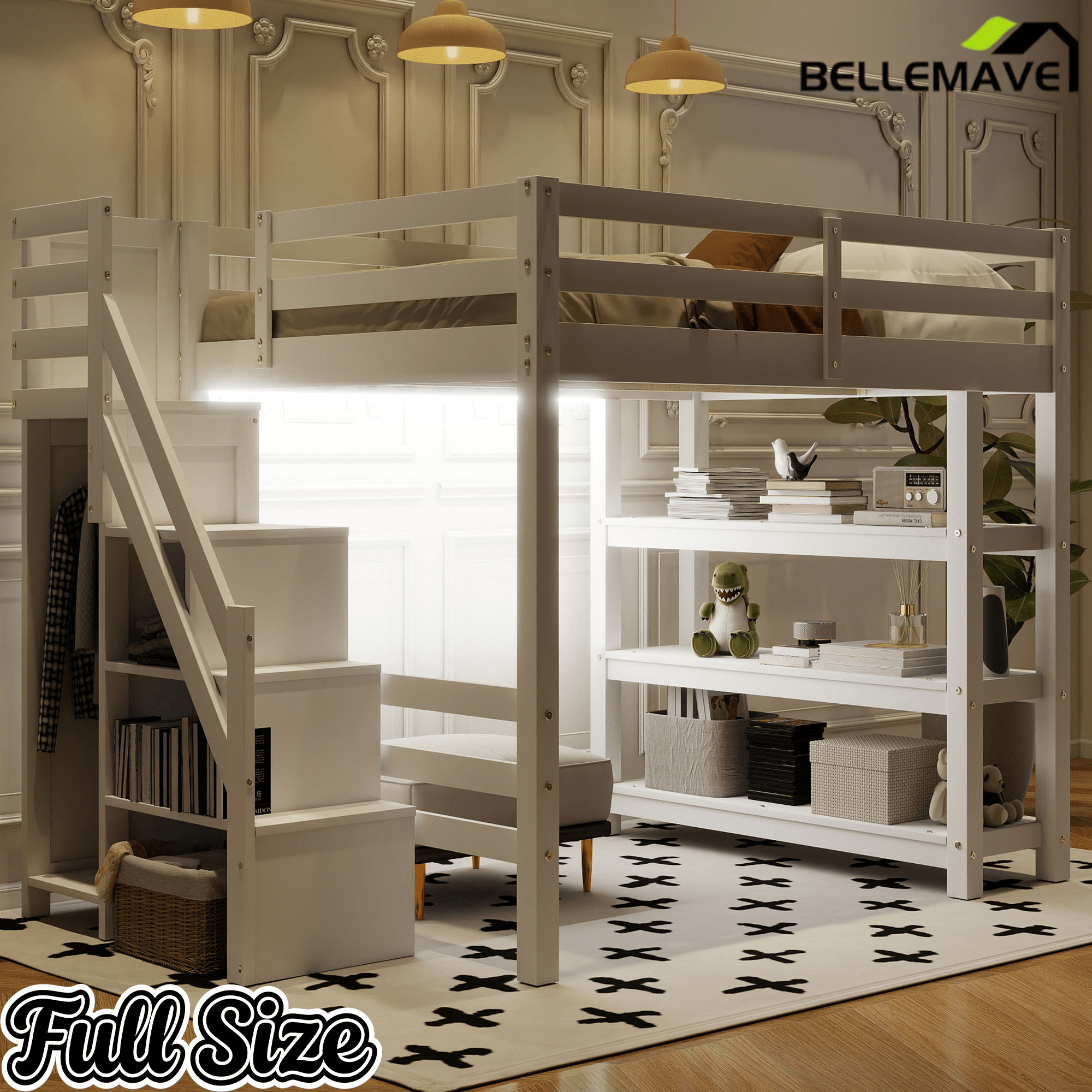 Bellemave® Full Size Wood Loft Bed with Stairs & LED Lights,Storage Shelves, Wardrobe & Guardrails for Kids, White - Bellemave