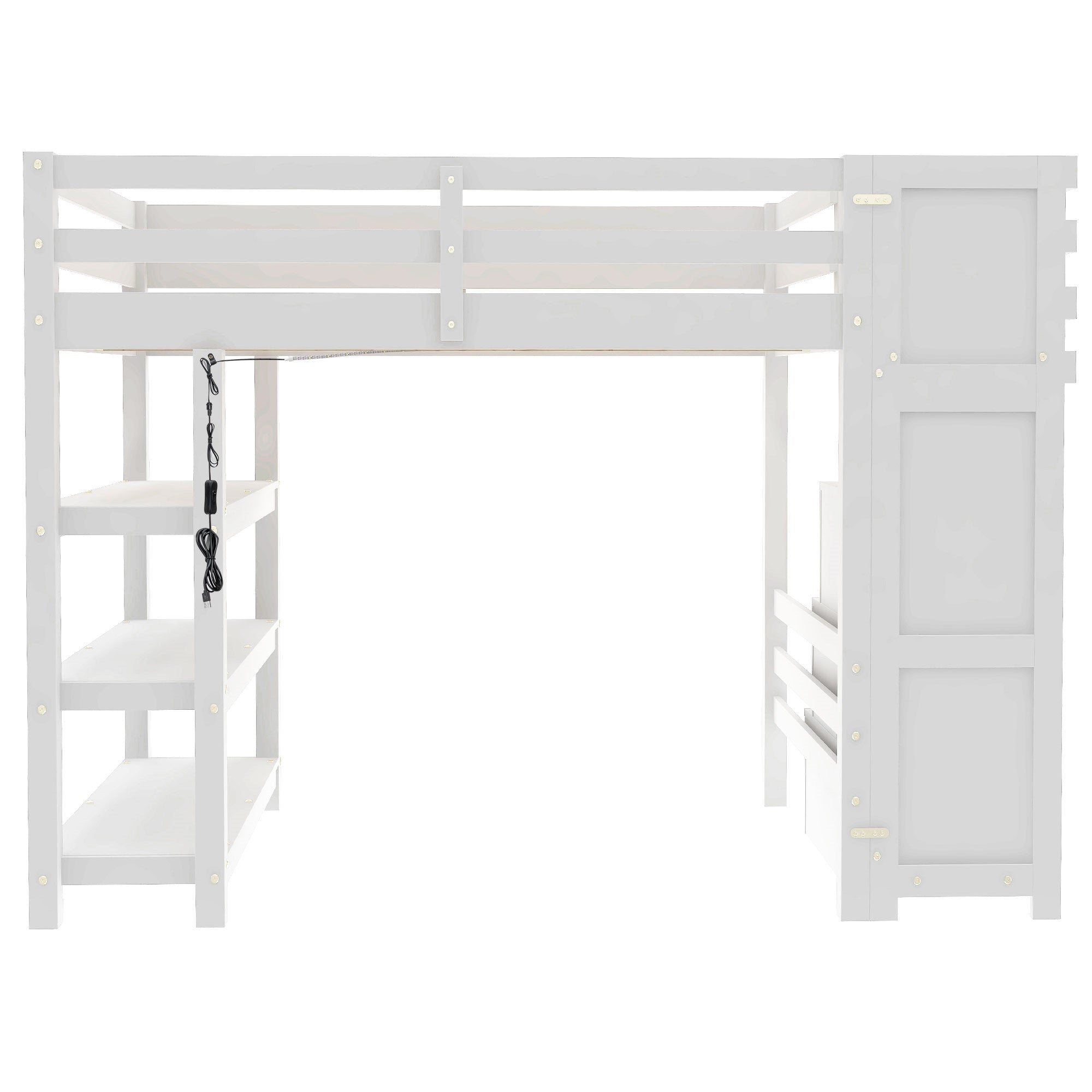 Bellemave® Full Size Wood Loft Bed with Stairs & LED Lights,Storage Shelves, Wardrobe & Guardrails for Kids, White - Bellemave