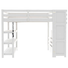 Bellemave® Full Size Wood Loft Bed with Stairs & LED Lights,Storage Shelves, Wardrobe & Guardrails for Kids, White - Bellemave
