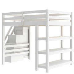 Bellemave® Full Size Wood Loft Bed with Stairs & LED Lights,Storage Shelves, Wardrobe & Guardrails for Kids, White - Bellemave