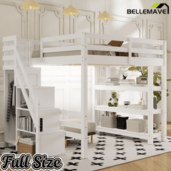 Bellemave® Full Size Wood Loft Bed with Stairs & LED Lights,Storage Shelves, Wardrobe & Guardrails for Kids, White - Bellemave