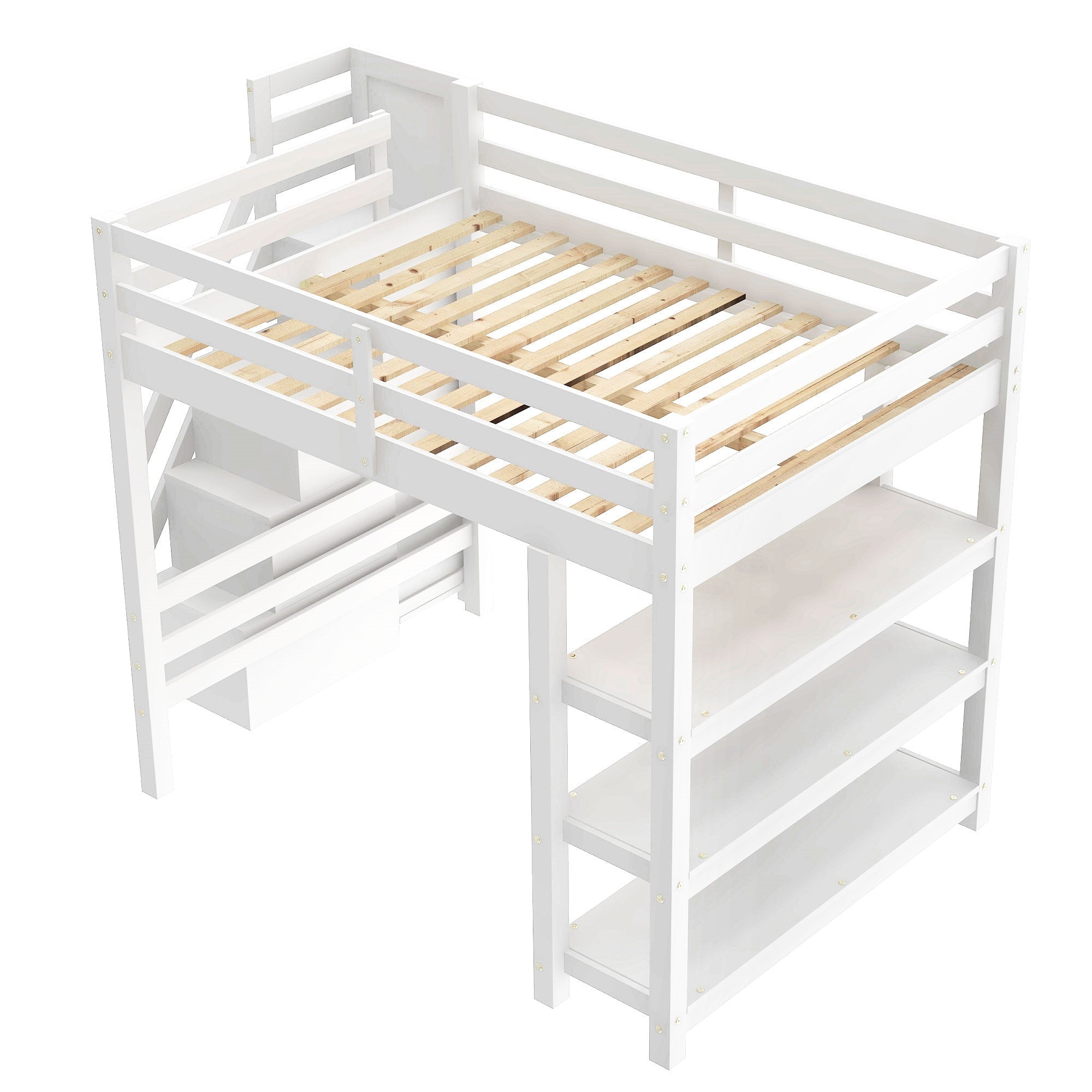 Bellemave® Full Size Wood Loft Bed with Stairs & LED Lights,Storage Shelves, Wardrobe & Guardrails for Kids, White - Bellemave