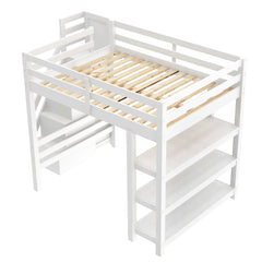 Bellemave® Full Size Wood Loft Bed with Stairs & LED Lights,Storage Shelves, Wardrobe & Guardrails for Kids, White - Bellemave