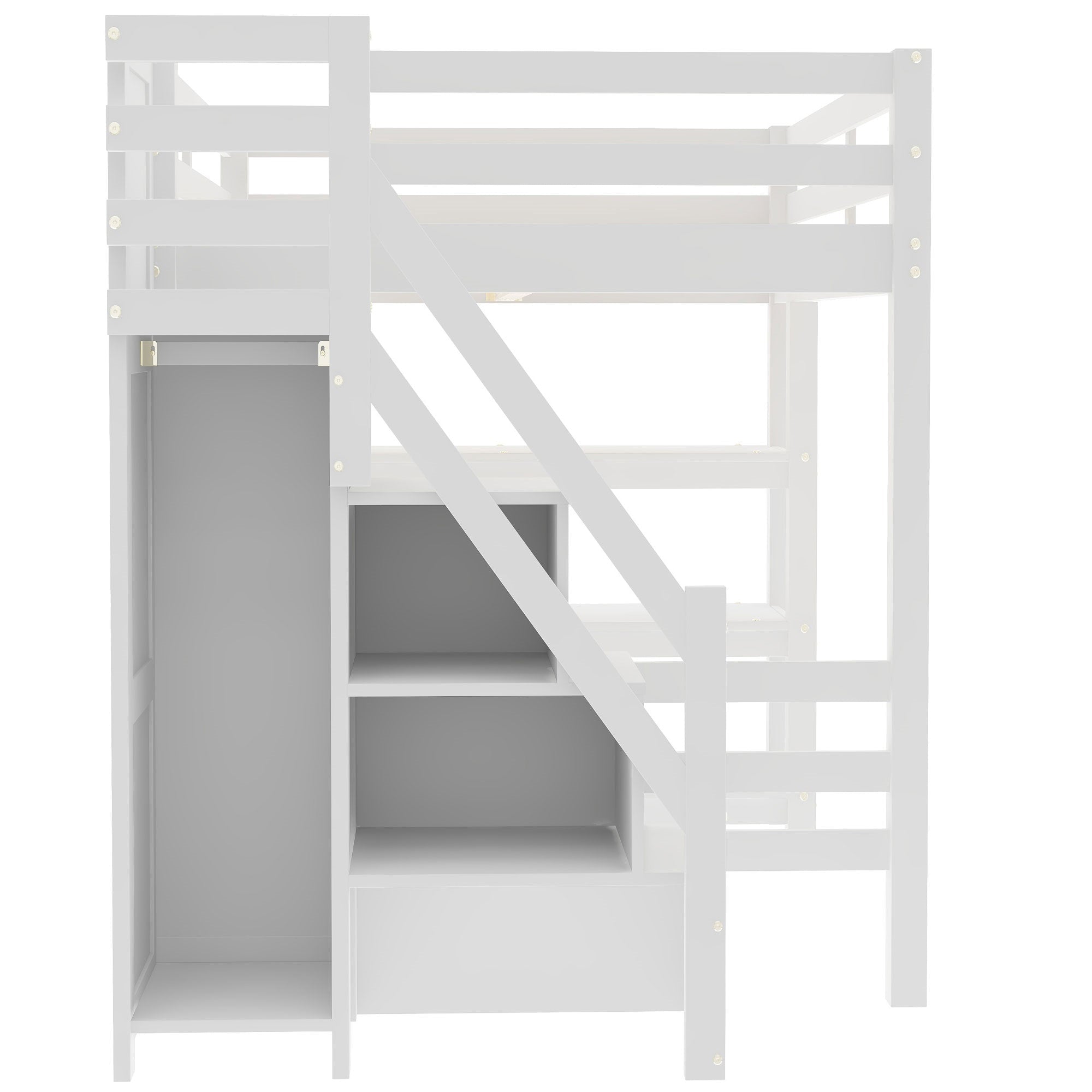 Bellemave® Full Size Wood Loft Bed with Stairs & LED Lights,Storage Shelves, Wardrobe & Guardrails for Kids, White - Bellemave