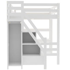 Bellemave® Full Size Wood Loft Bed with Stairs & LED Lights,Storage Shelves, Wardrobe & Guardrails for Kids, White - Bellemave