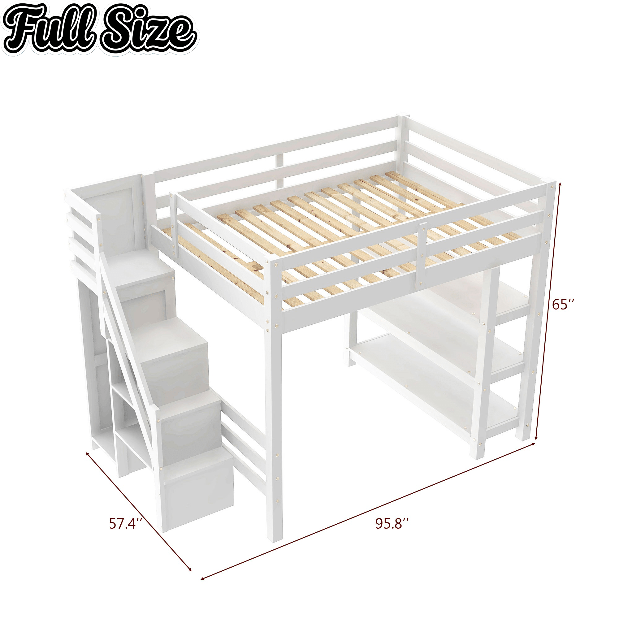 Bellemave® Full Size Wood Loft Bed with Stairs & LED Lights,Storage Shelves, Wardrobe & Guardrails for Kids, White - Bellemave