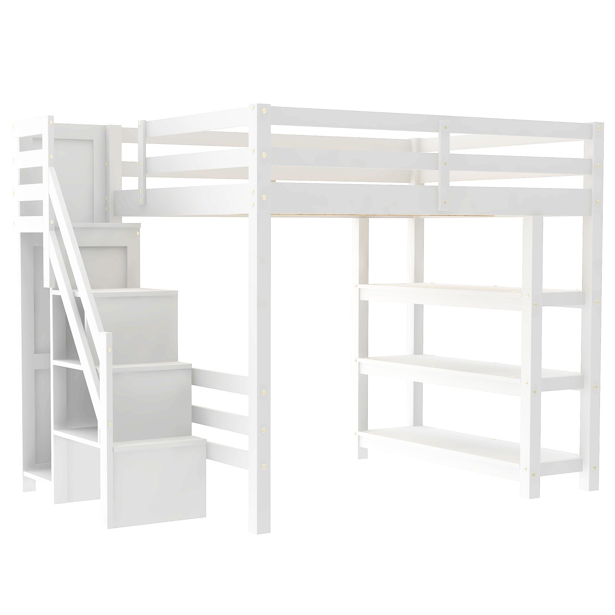 Bellemave® Full Size Wood Loft Bed with Stairs & LED Lights,Storage Shelves, Wardrobe & Guardrails for Kids, White - Bellemave