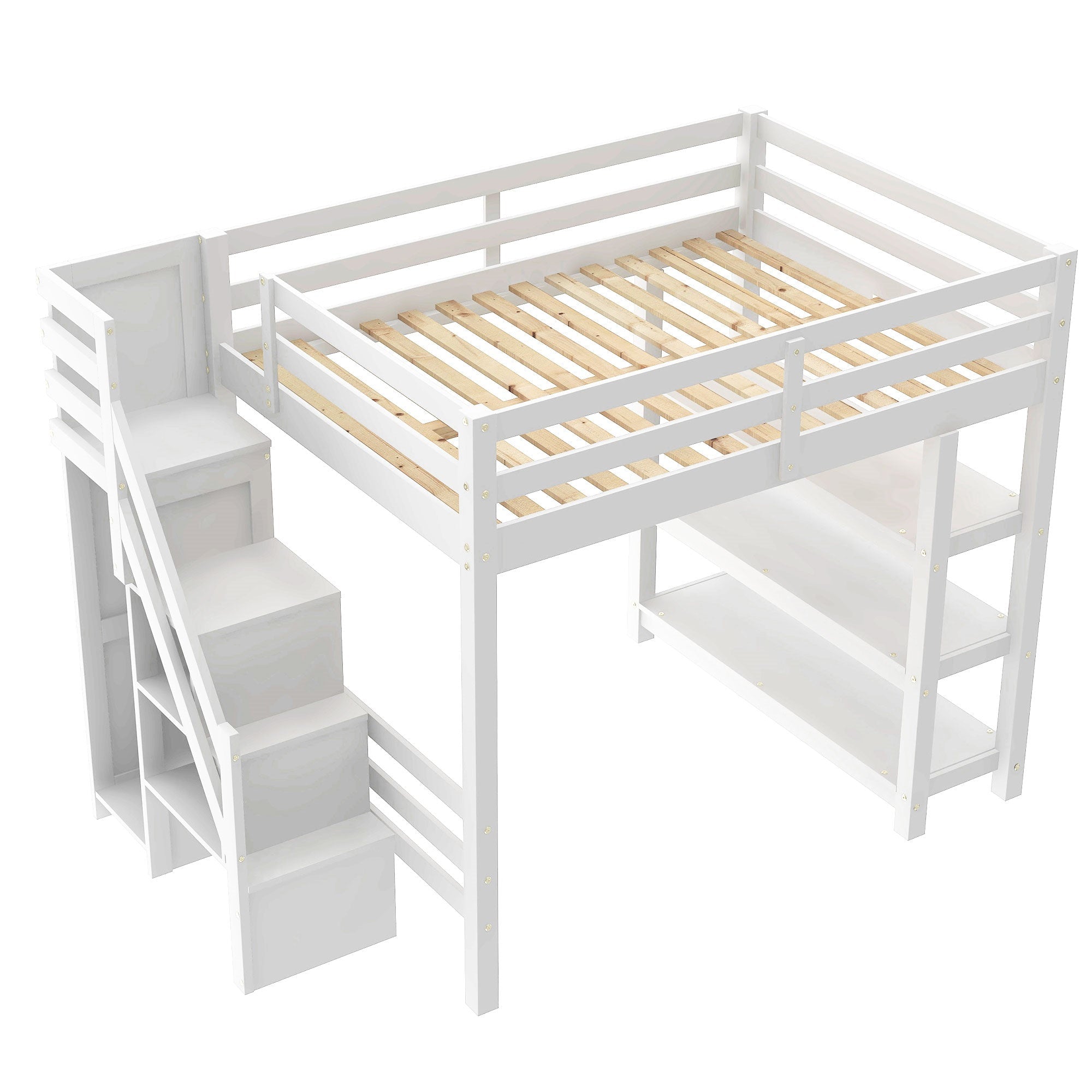 Bellemave® Full Size Wood Loft Bed with Stairs & LED Lights,Storage Shelves, Wardrobe & Guardrails for Kids, White - Bellemave