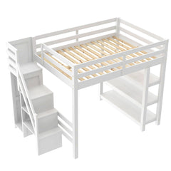 Bellemave® Full Size Wood Loft Bed with Stairs & LED Lights,Storage Shelves, Wardrobe & Guardrails for Kids, White - Bellemave