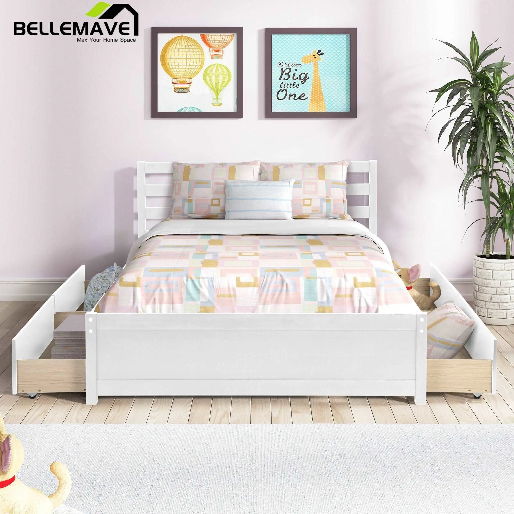Bellemave® Full Size Wood Platform Bed with Headboard and 4 Drawers - Bellemave