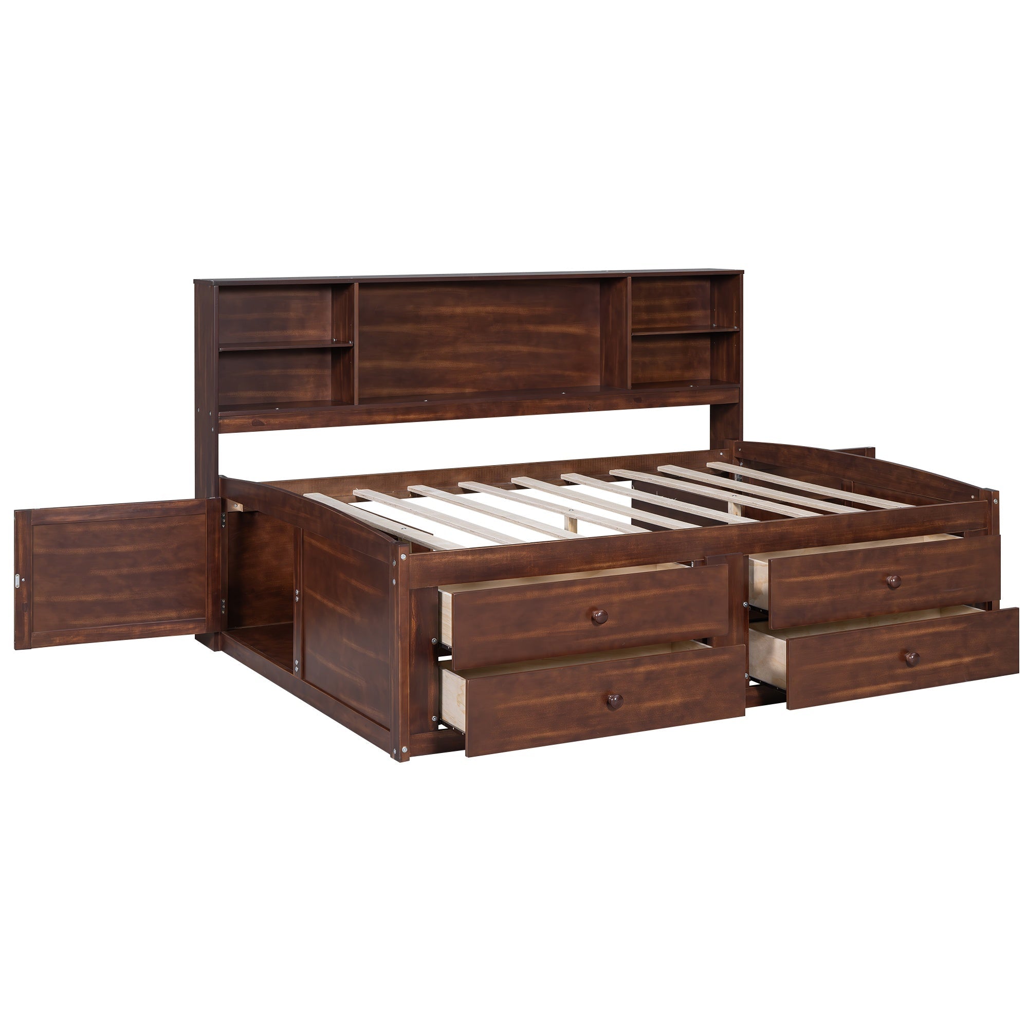 Bellemave Full Size Wooden Captain Bed with Built - in Storage Shelves, 4 Drawers and 2 Cabinets, Antique Brown - Bellemave