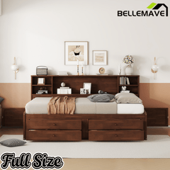 Bellemave Full Size Wooden Captain Bed with Built - in Storage Shelves, 4 Drawers and 2 Cabinets, Antique Brown - Bellemave